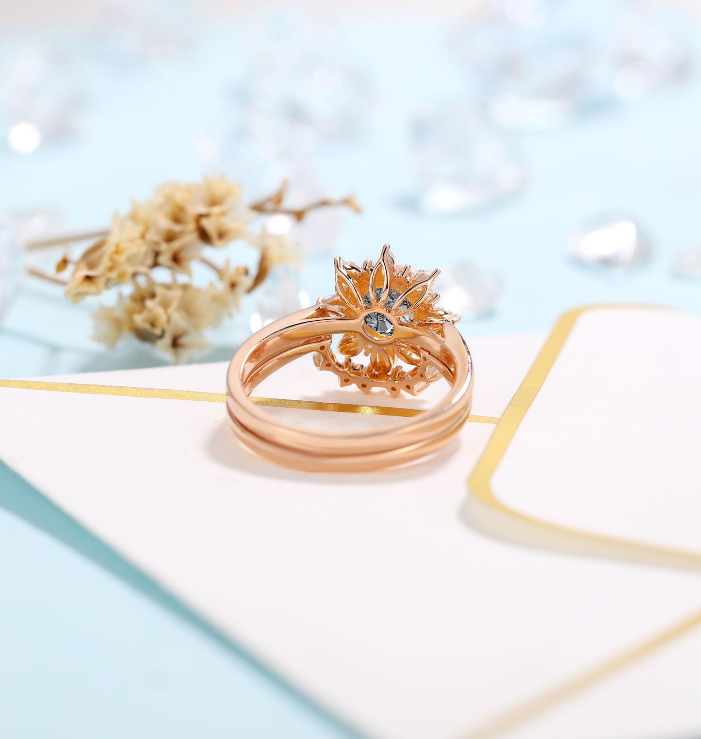 Black Rutilated Quartz Engagement Ring Women | Rose Gold Band Women | Floral bridal set | Moissanite wedding set | Vintage Anniversary gift