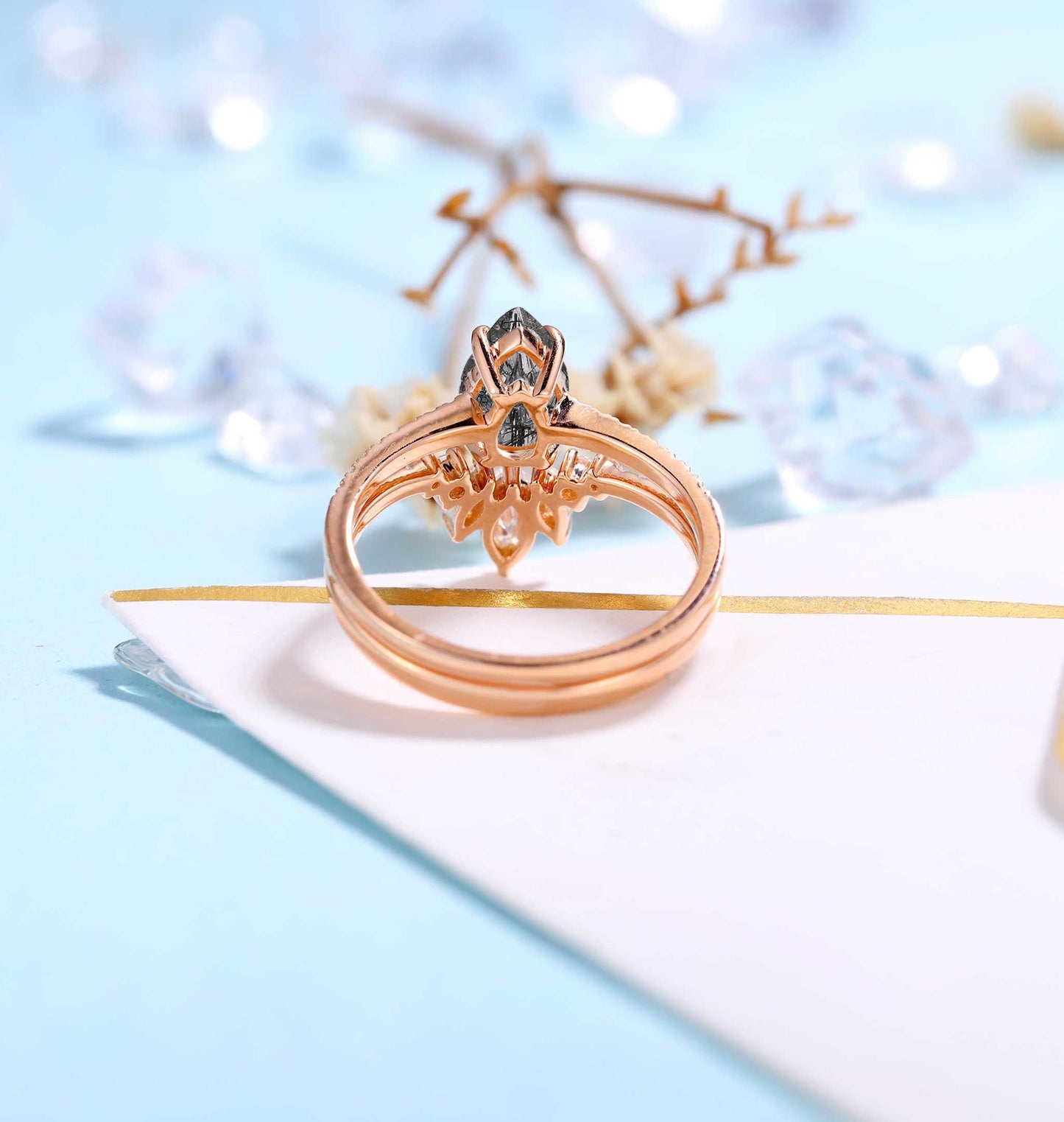 Black Rutilated Quartz Engagement Ring Rose Gold Women | Marquise Moissanite Half Eternity Bridal Set | Unique Wedding Set | Anniversary