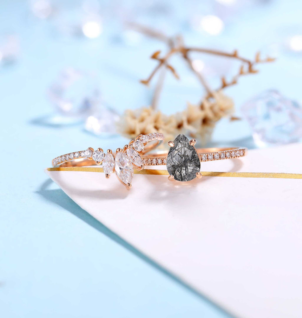 Black Rutilated Quartz Engagement Ring Rose Gold Women | Marquise Moissanite Half Eternity Bridal Set | Unique Wedding Set | Anniversary