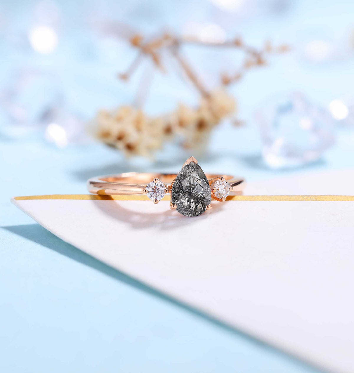 Black Rutilated Quartz Engagement Ring Women Rose Gold | Pear shaped Bridal Jewelry | Vintage Diamond Bridal ring | Unique Anniversary