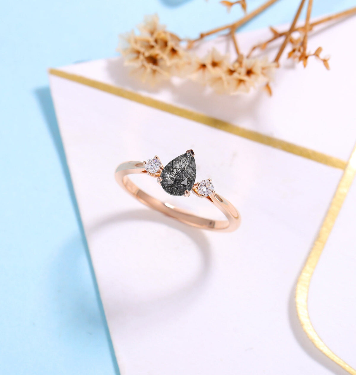 Black Rutilated Quartz Engagement Ring Women Rose Gold | Pear shaped Bridal Jewelry | Vintage Diamond Bridal ring | Unique Anniversary