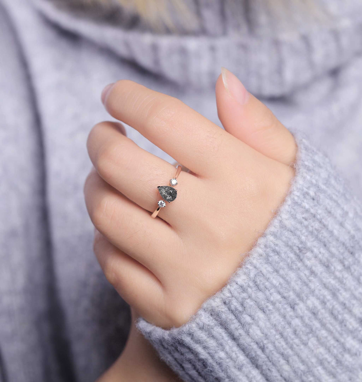 Black Rutilated Quartz Engagement Ring Women Rose Gold | Pear shaped Bridal Jewelry | Vintage Diamond Bridal ring | Unique Anniversary