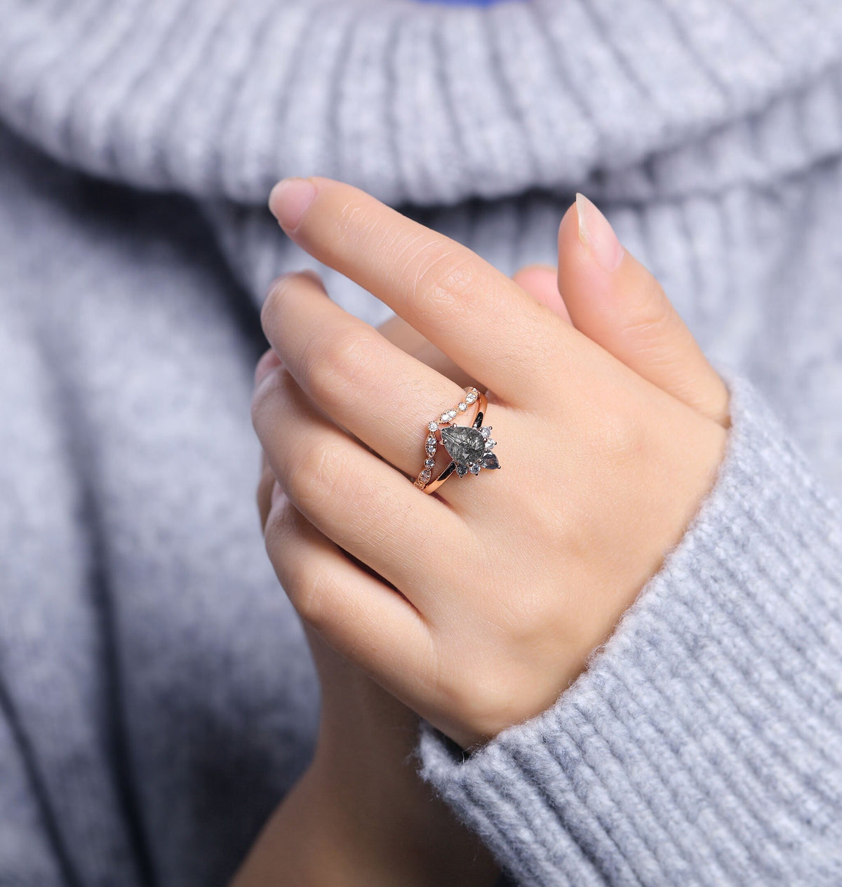 Black Rutilated Quartz  Engagement Ring set Women Rose Gold | Pear shaped Bridal Set | Salt and Pepper Diamond Wedding Set |Anniversary ring