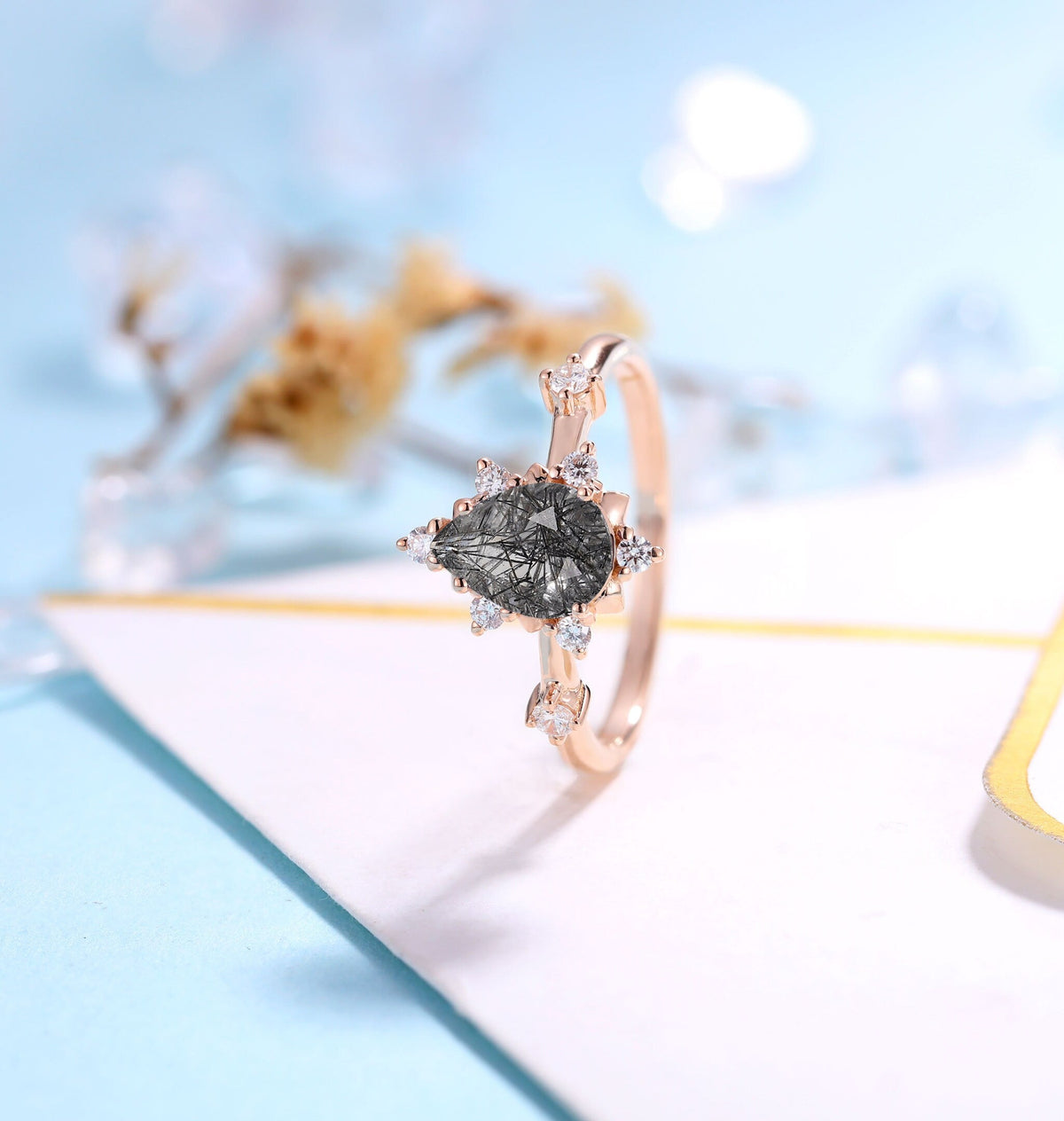 Black Rutilated Quartz  Engagement Ring Women Rose Gold | Antique Pear shaped Bridal Jewelry | Art deco Wedding Ring Diamond | Anniversary