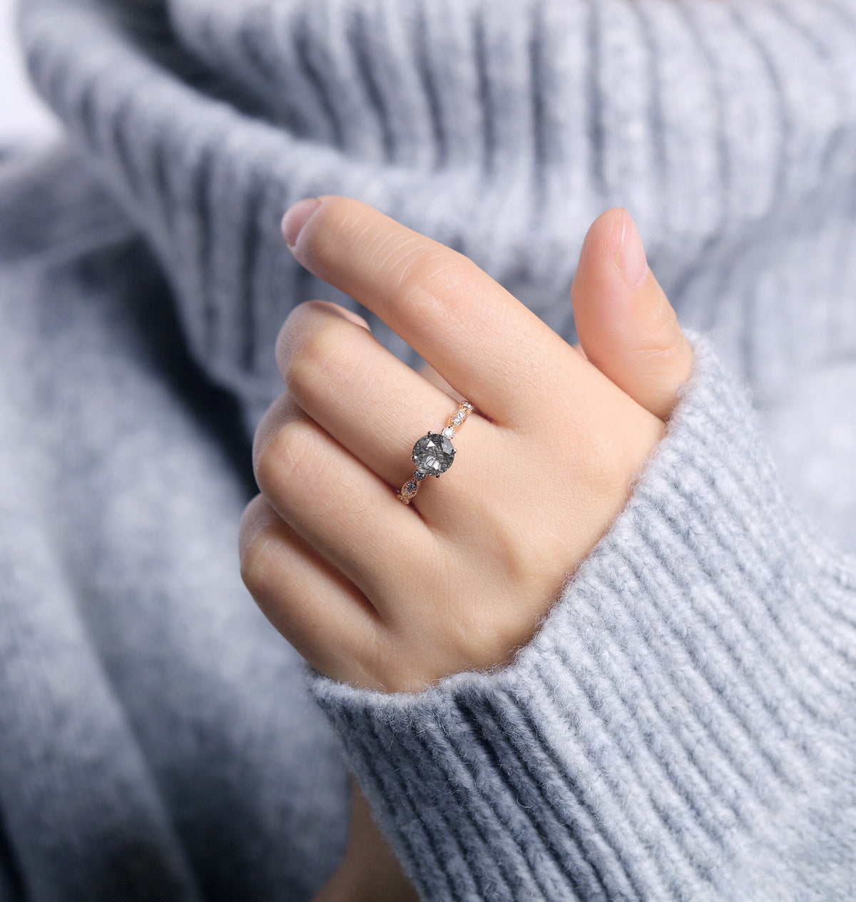 Black Rutilated Quartz Engagement Ring Women | Rose Gold Band Women | Antique bridal ring | Moissanite wedding jewelry Diamond | Anniversary