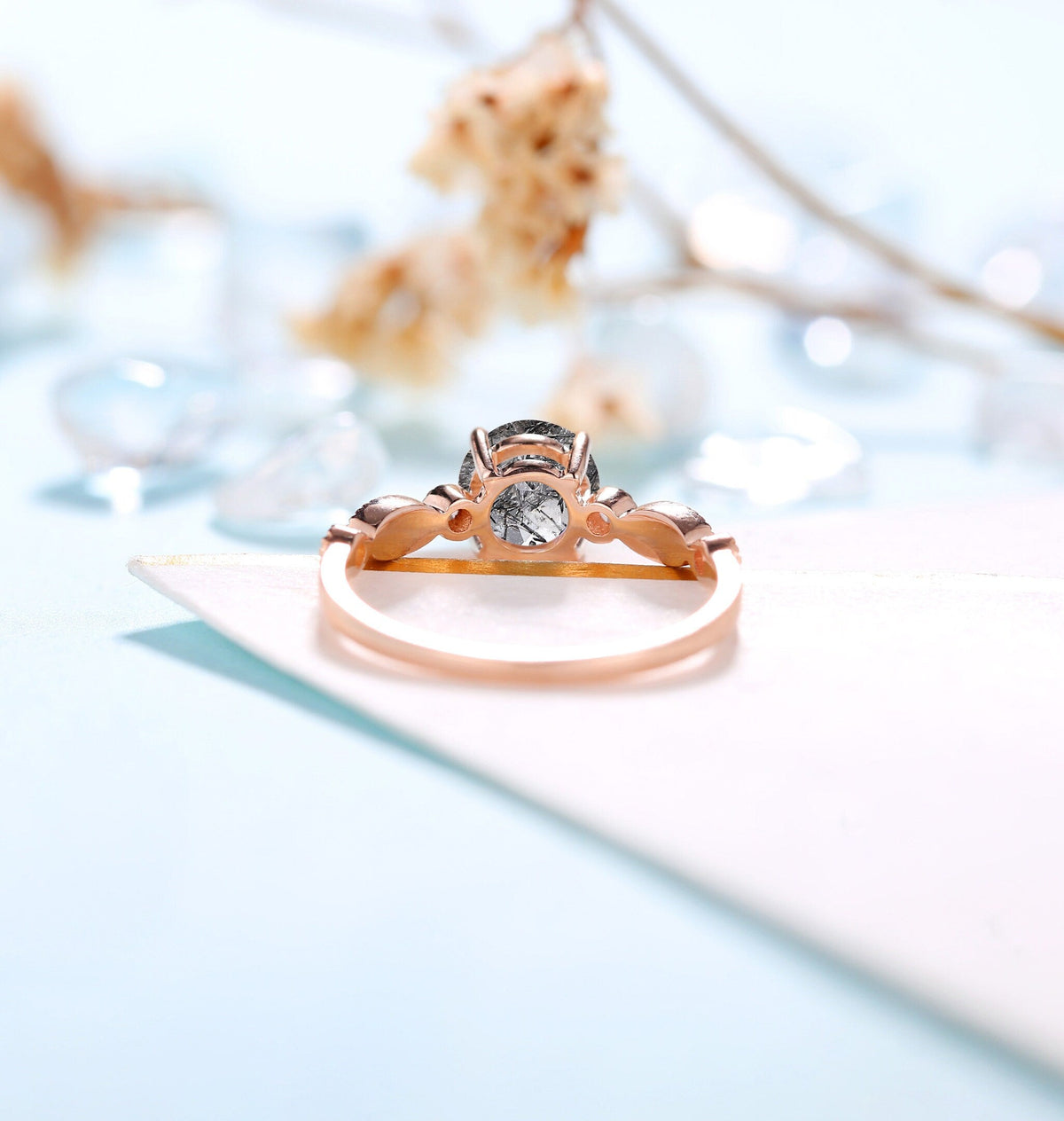 Black Rutilated Quartz Engagement Ring Women | Rose Gold Band Women | Antique bridal ring | Moissanite wedding jewelry Diamond | Anniversary