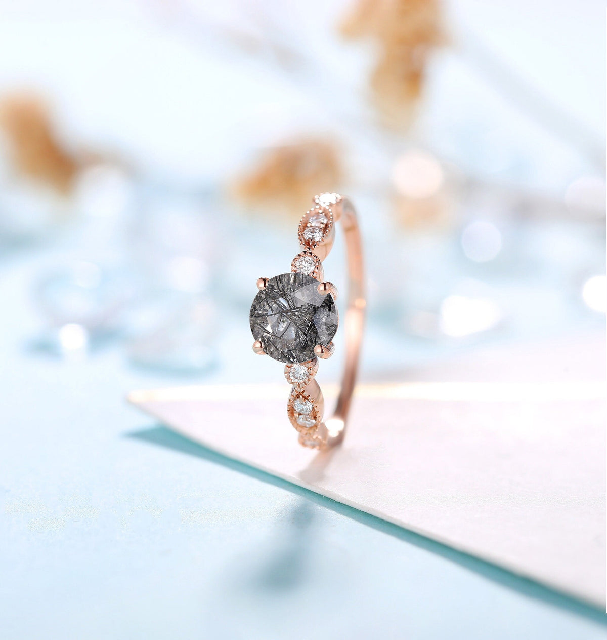 Black Rutilated Quartz Engagement Ring Women | Rose Gold Band Women | Antique bridal ring | Moissanite wedding jewelry Diamond | Anniversary