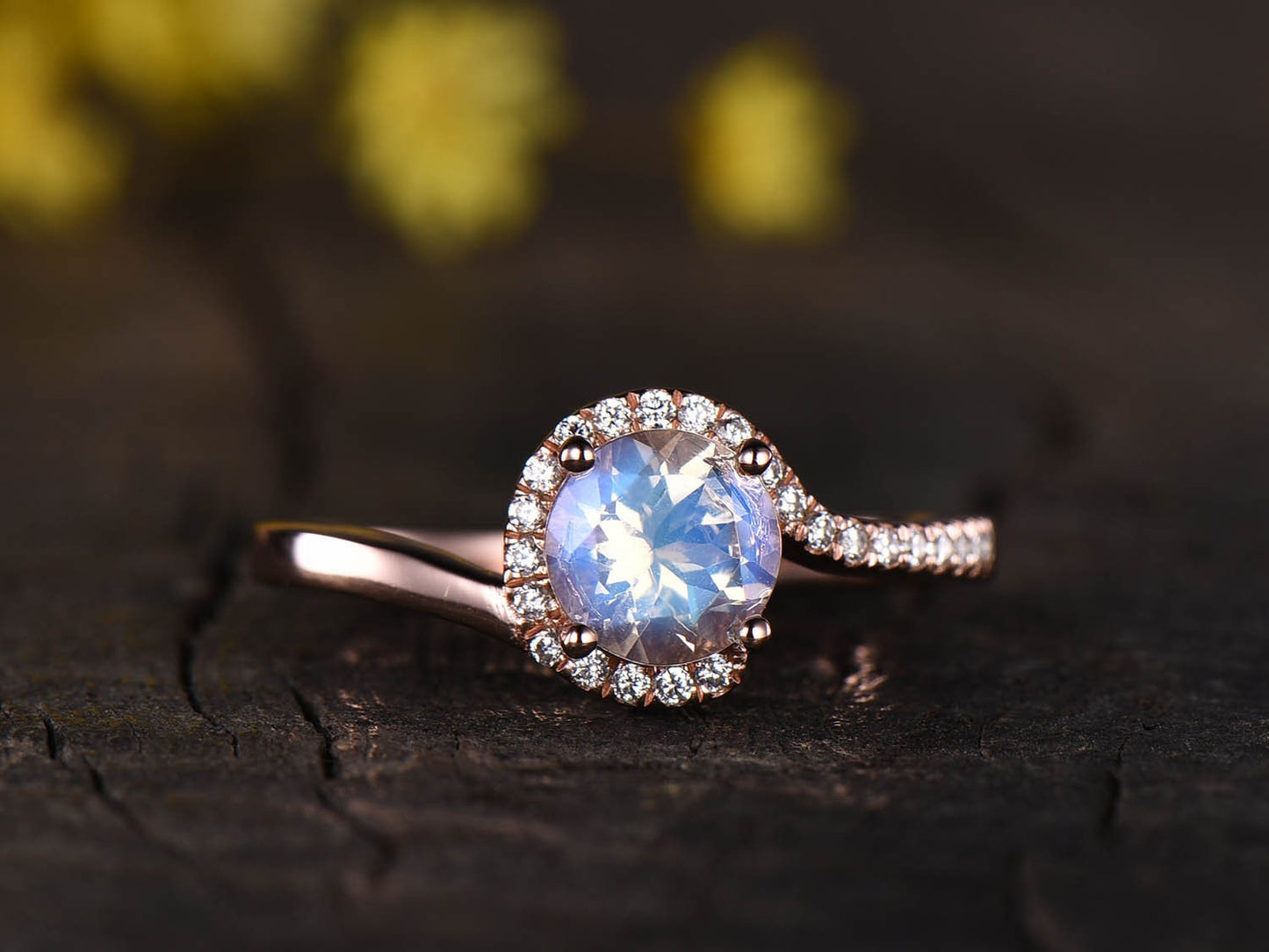 Rose Gold Moonstone Engagement Ring, Diamond Halo, Unique Promise Ring