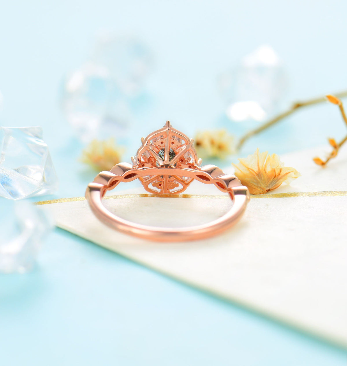 Black Rutilated Quartz   Engagement Ring Women Rose Gold | Antique Oval cut Bridal Jewelry | Art deco Halo Ring Milgrain | Anniversary ring