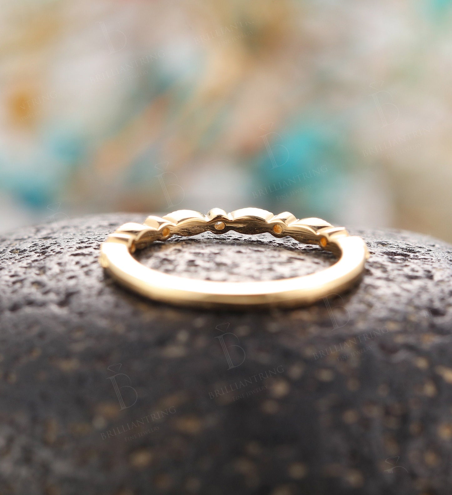 Art deco diamond ring vintage yellow gold curved unique wedding band  Half eternity  antique wedding ring Promise Matching band