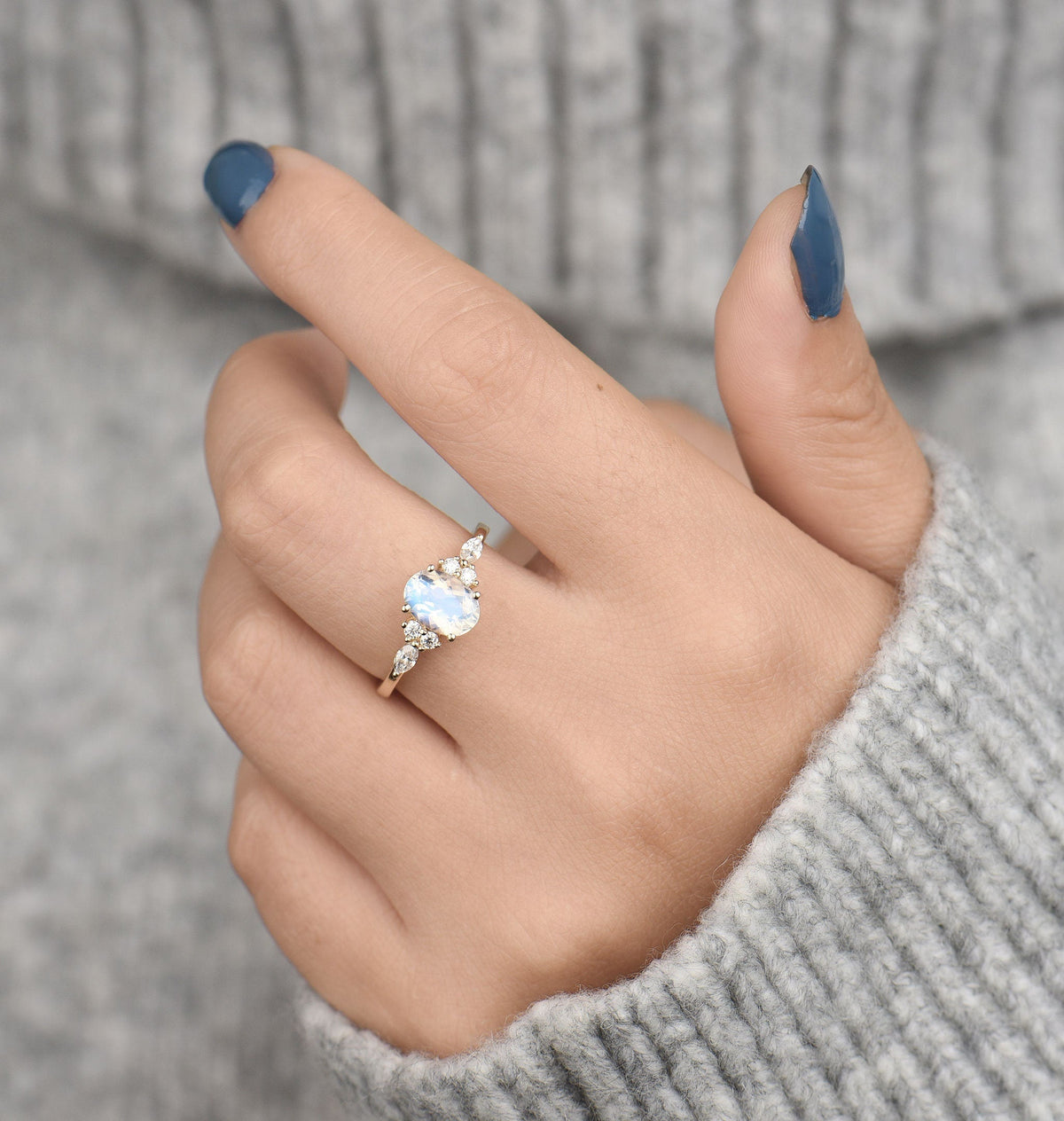Faceted Oval cut moonstone Engagement Ring Yellow gold Women |Antique Moissanite Bridal Marquise Jewelry | Promise Anniversary Gifts for Her