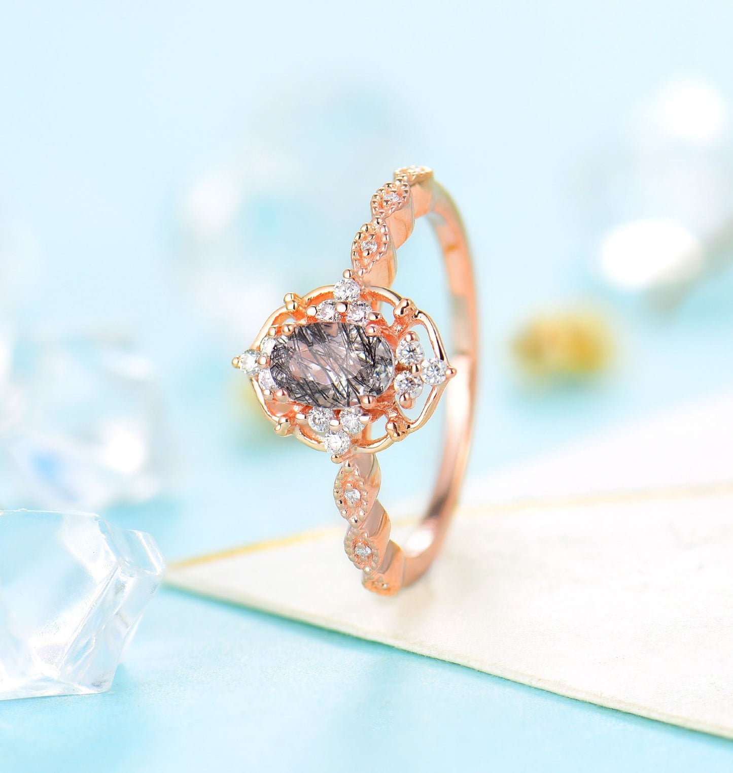 Black Rutilated Quartz   Engagement Ring Women Rose Gold | Antique Oval cut Bridal Jewelry | Art deco Halo Ring Milgrain | Anniversary ring