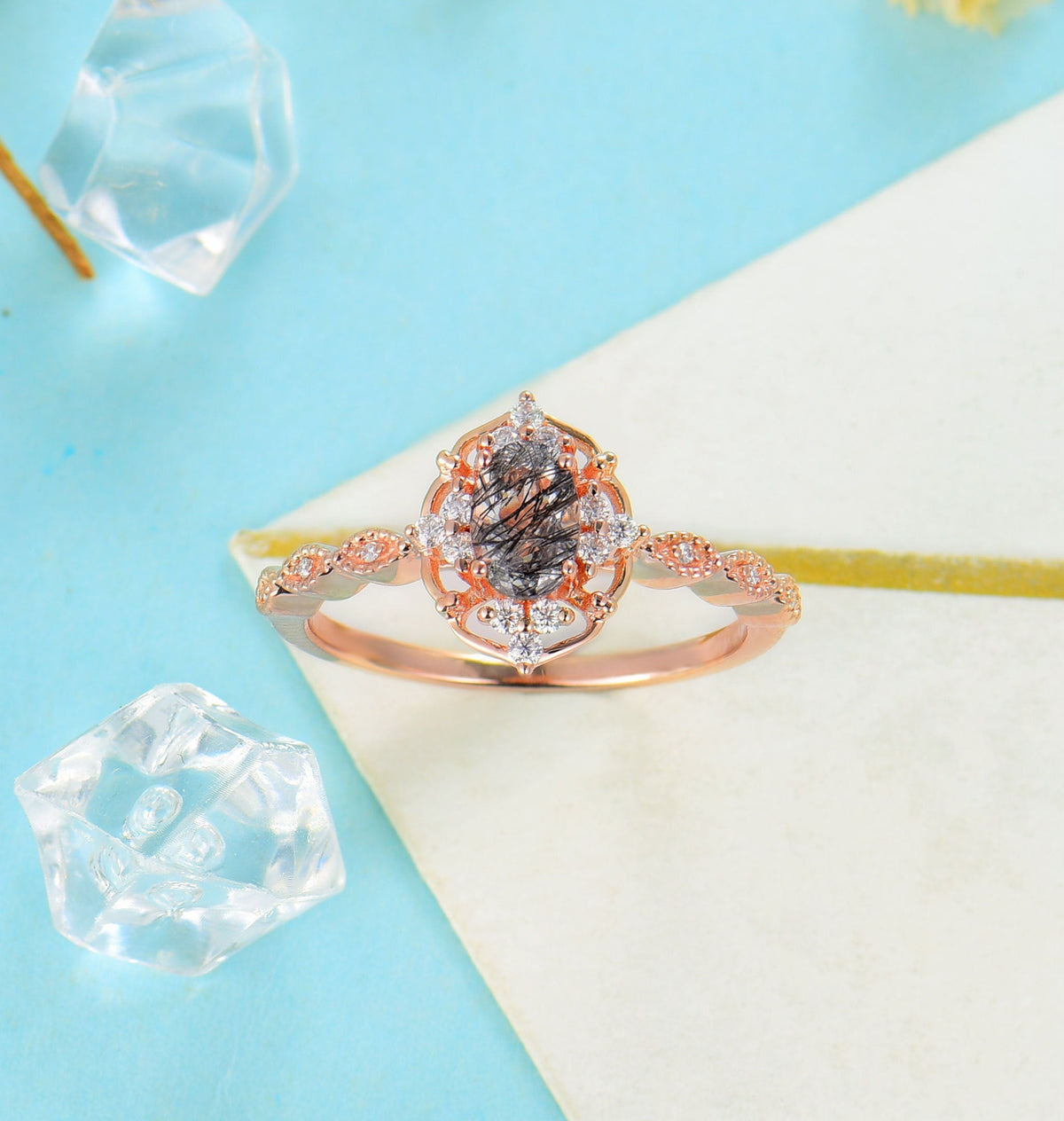 Black Rutilated Quartz   Engagement Ring Women Rose Gold | Antique Oval cut Bridal Jewelry | Art deco Halo Ring Milgrain | Anniversary ring