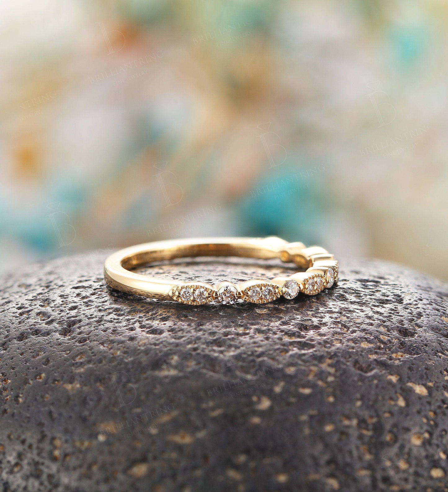 Art deco diamond ring vintage yellow gold curved unique wedding band  Half eternity  antique wedding ring Promise Matching band