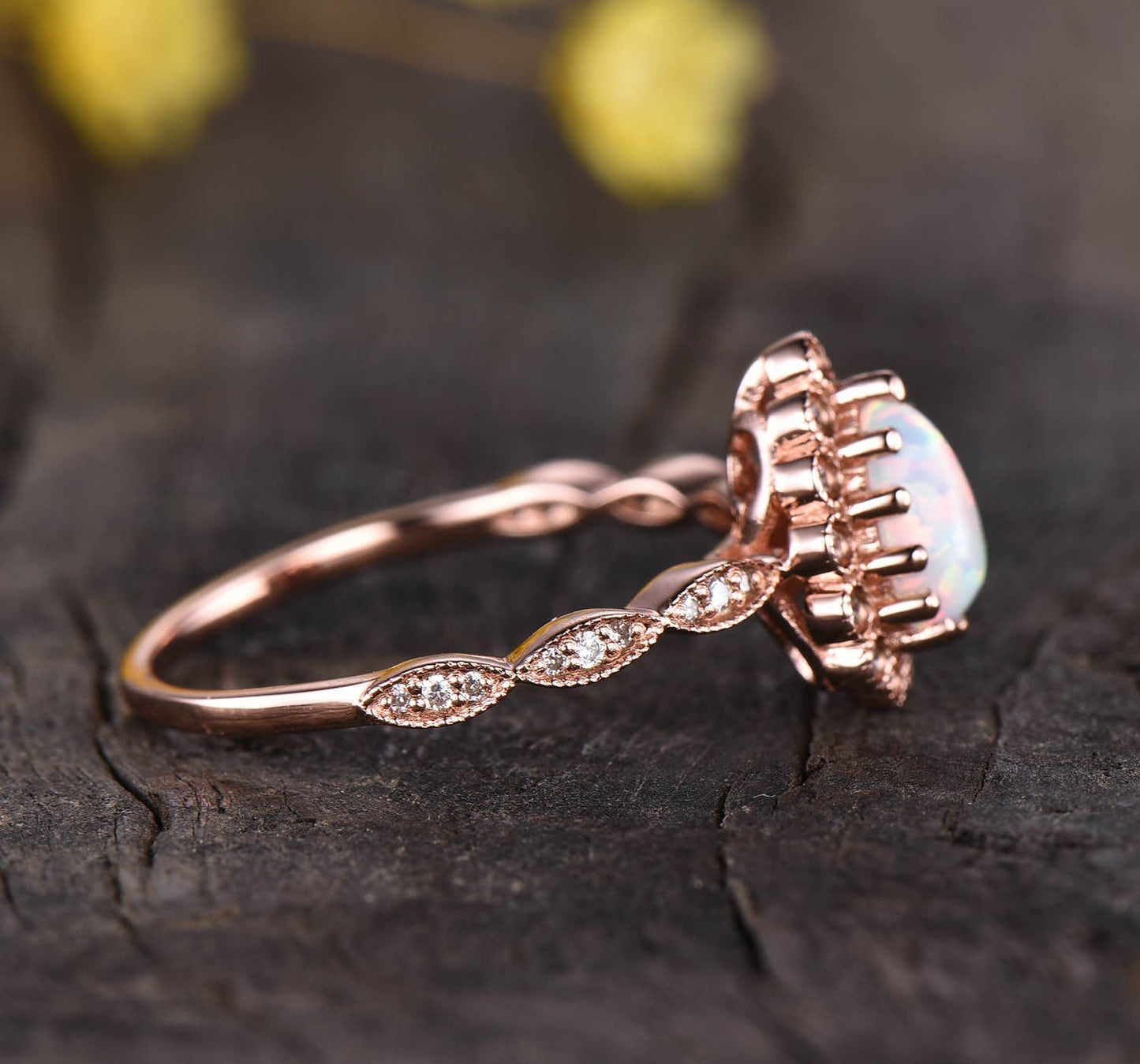 Vintage Style Opal Ring, Rose Gold Flower Diamond Halo, Art Deco Promise Ring