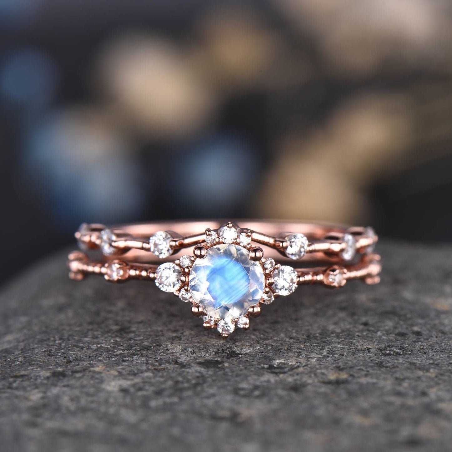 Rose Gold Moissanite Ring Set Moissanite Engagement Ring Women Diamond Moissanite Wedding Band Half Eternity Ring Minimalist Bridal Jewelry