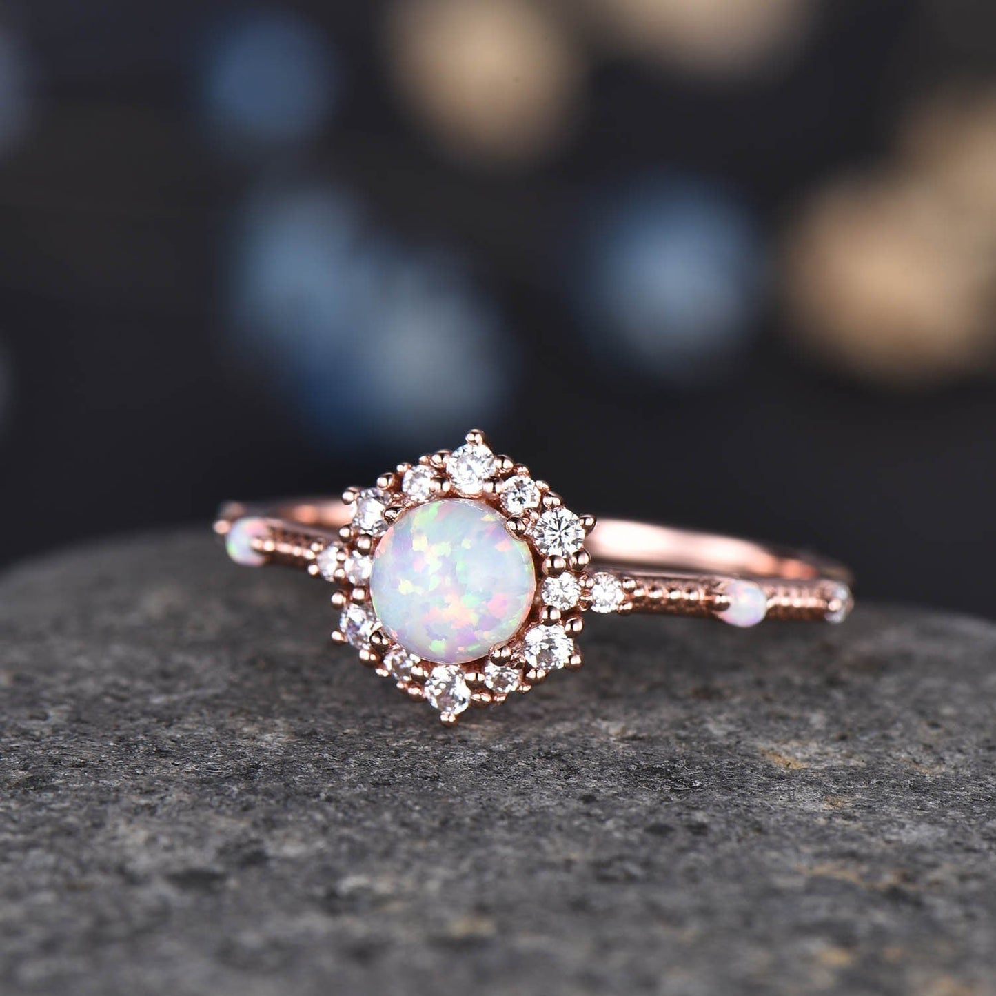 Unique Opal Engagement Ring Rose Gold Diamond Wedding Band V Shape Milgrain Stacking Bridal Set For Women Promise Anniversary Gift