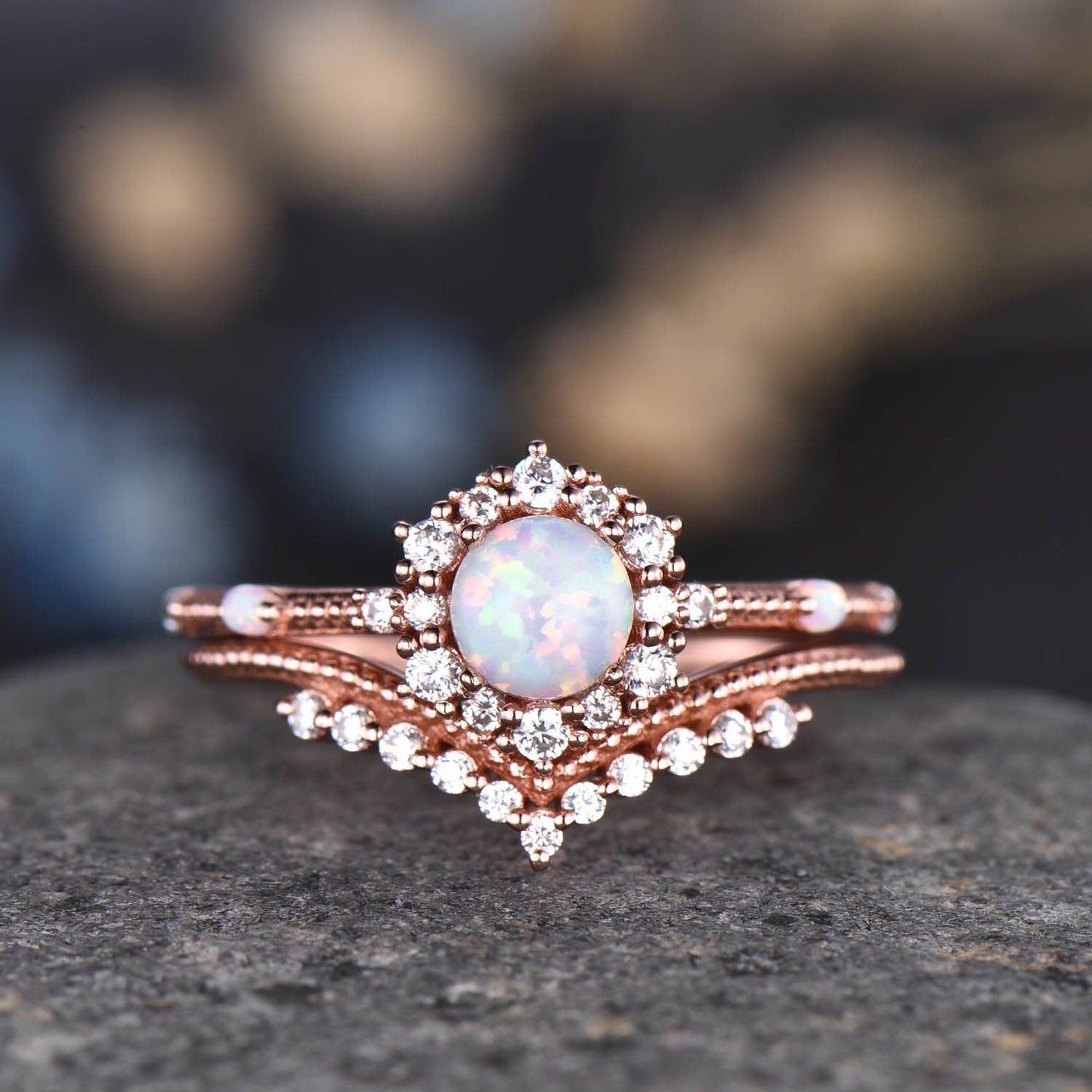 Unique Opal Engagement Ring Rose Gold Diamond Wedding Band V Shape Milgrain Stacking Bridal Set For Women Promise Anniversary Gift