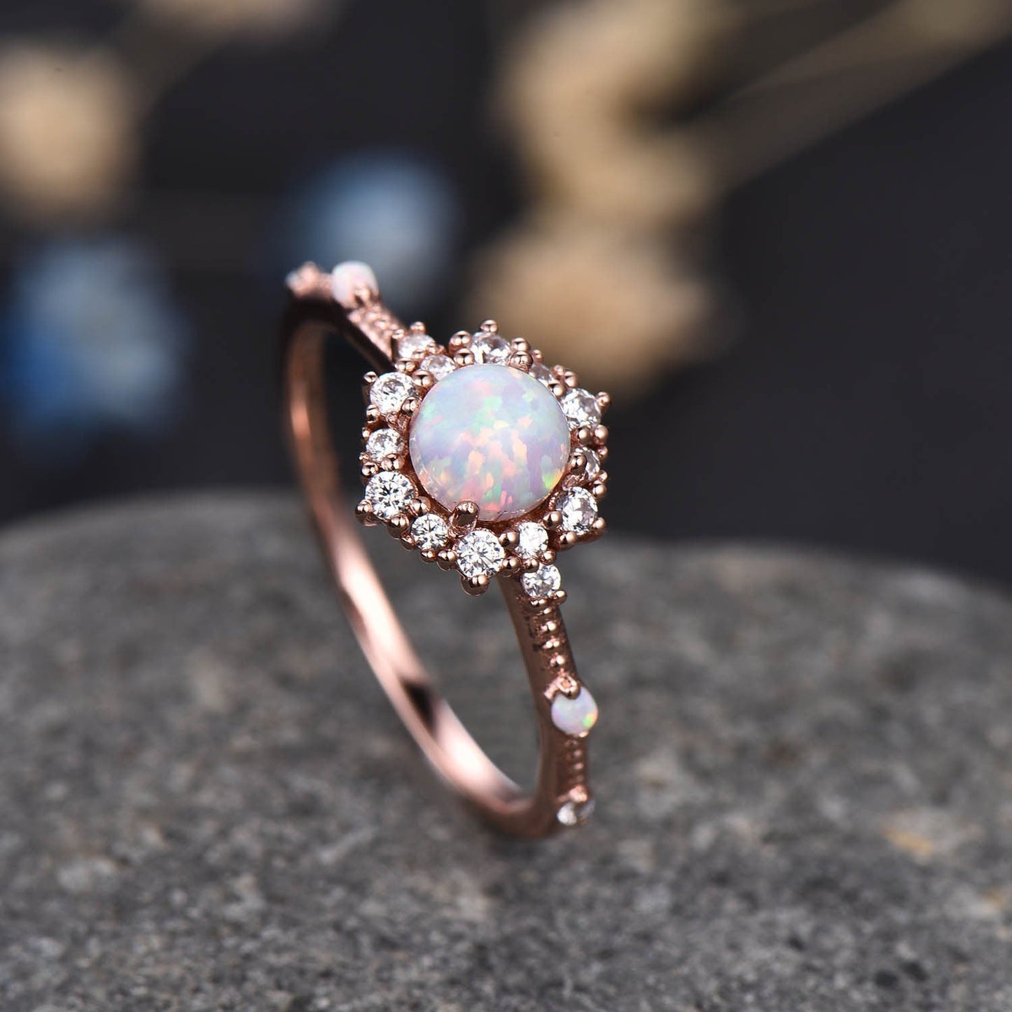 Unique Opal Engagement Ring Rose Gold Diamond Wedding Band V Shape Milgrain Stacking Bridal Set For Women Promise Anniversary Gift
