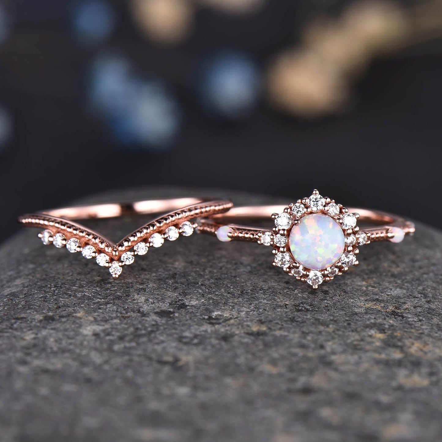 Unique Opal Engagement Ring Rose Gold Diamond Wedding Band V Shape Milgrain Stacking Bridal Set For Women Promise Anniversary Gift