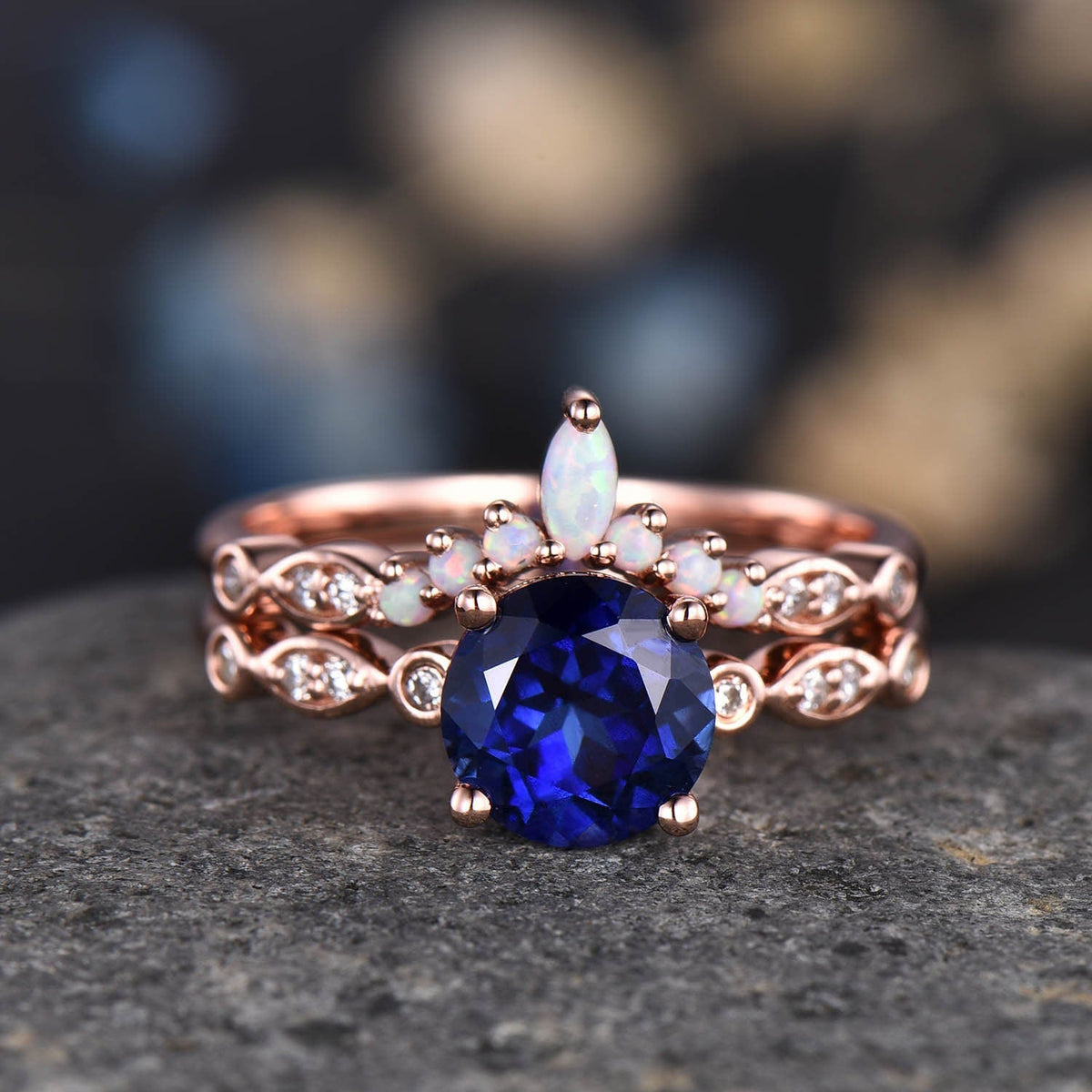 Moss agate engagement ring set solitaire ring rose gold art deco ring stacking curved opal diamond matching band promise jewelry birth gift