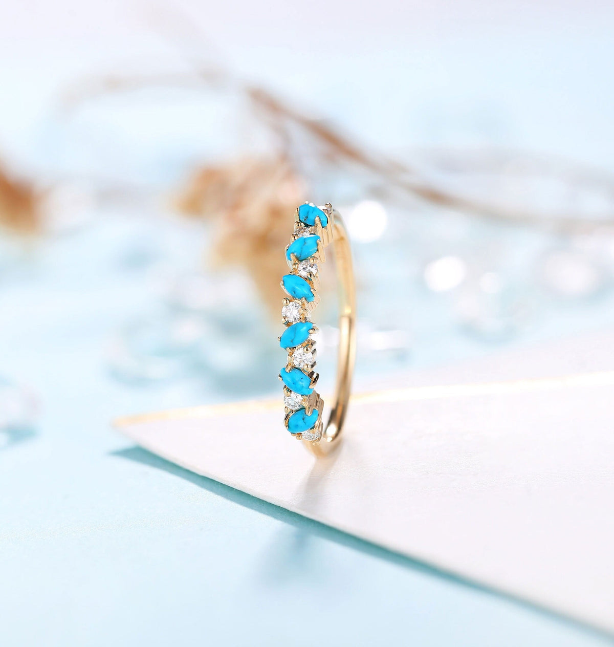 Antique Turquoise with Black Wedding Band Rose Gold Women |Vintage Leaf shape Moissanite Stacking Matching Jewelry| Anniversary Gift for her
