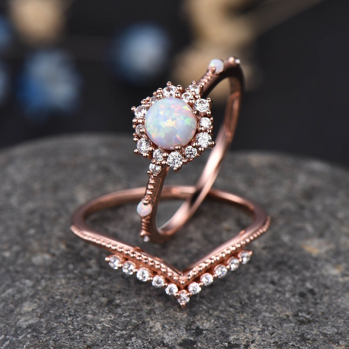 Unique Opal Engagement Ring Rose Gold Diamond Wedding Band V Shape Milgrain Stacking Bridal Set For Women Promise Anniversary Gift