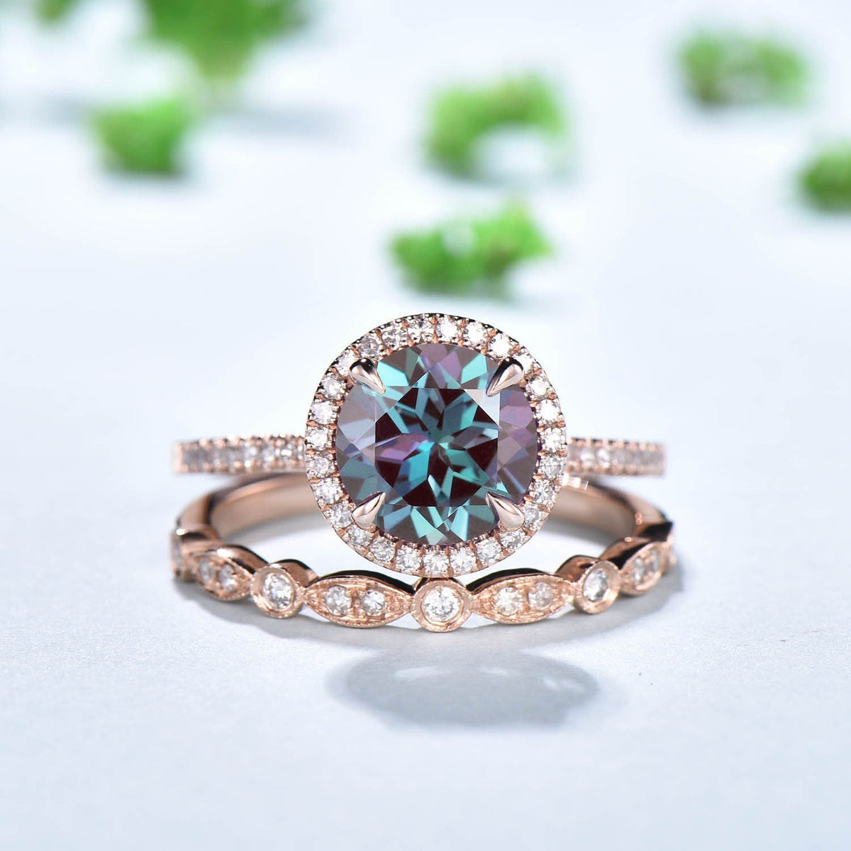 Antique Art Deco Alexandrite Engagement Ring Set, Moissanite Diamond Halo