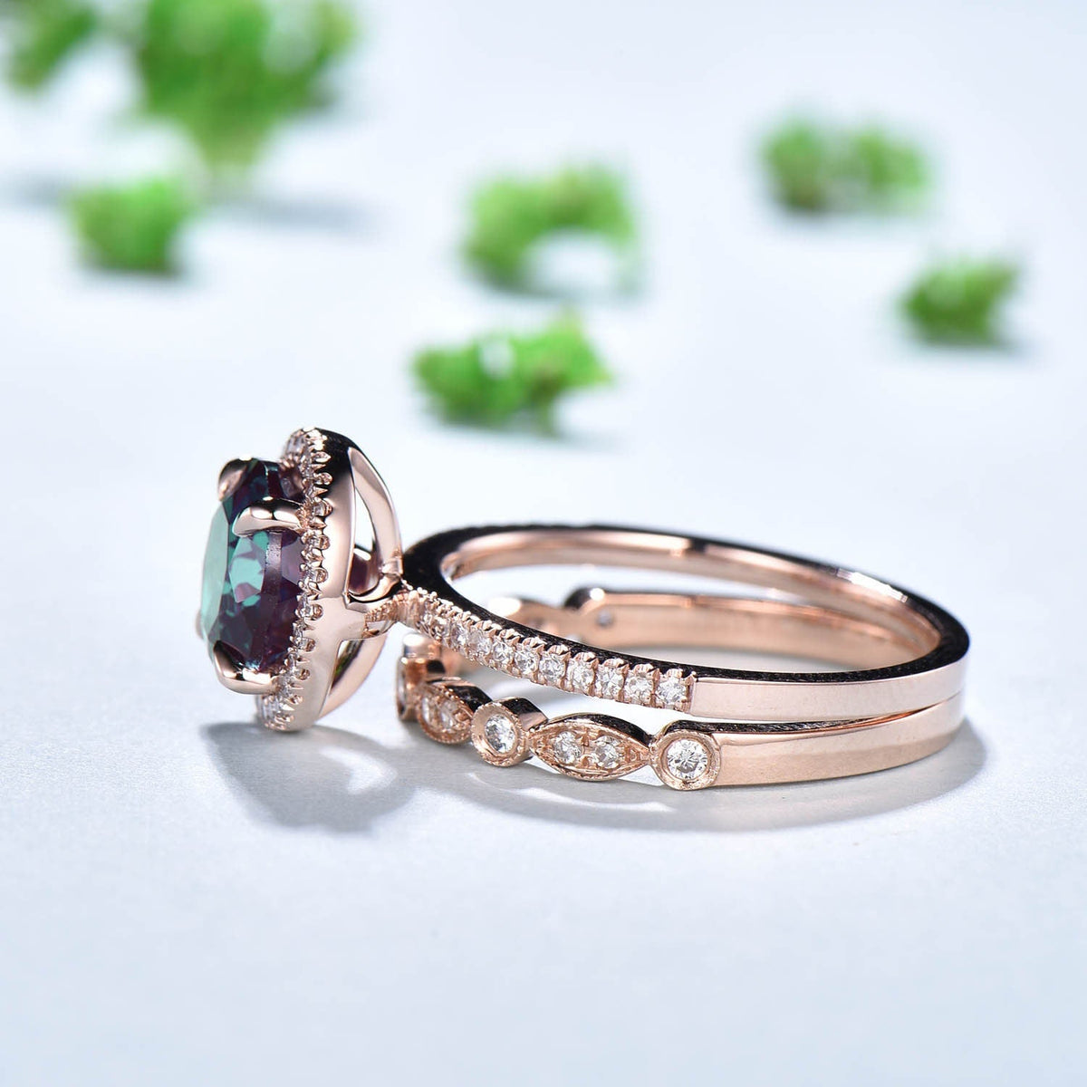 Antique Art Deco Alexandrite Engagement Ring Set, Moissanite Diamond Halo