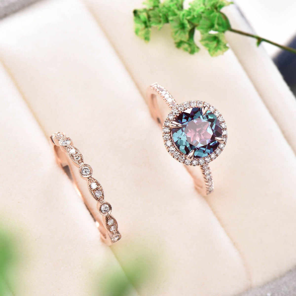 Antique Art Deco Alexandrite Engagement Ring Set, Moissanite Diamond Halo