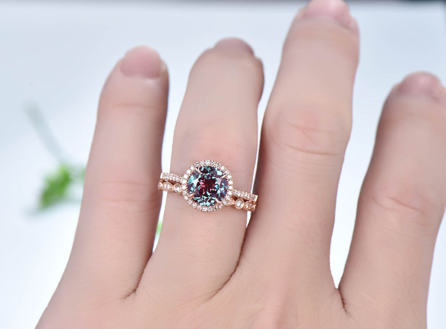 Antique Art Deco Alexandrite Engagement Ring Set, Moissanite Diamond Halo