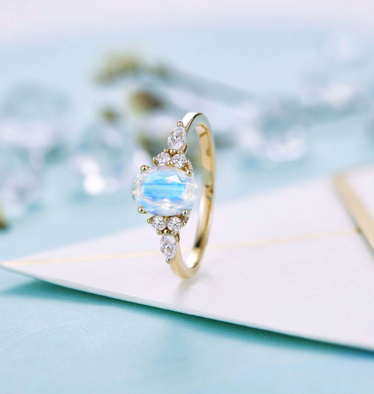 Faceted Oval cut moonstone Engagement Ring Yellow gold Women |Antique Moissanite Bridal Marquise Jewelry | Promise Anniversary Gifts for Her
