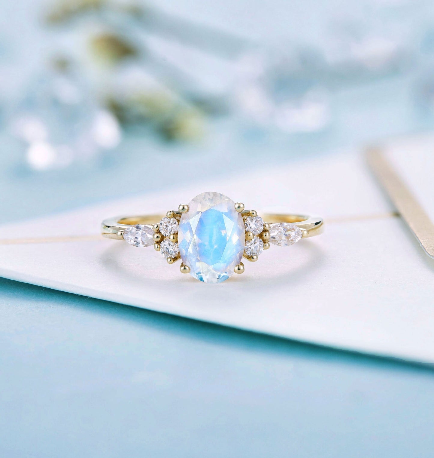 Faceted Oval cut moonstone Engagement Ring Yellow gold Women |Antique Moissanite Bridal Marquise Jewelry | Promise Anniversary Gifts for Her