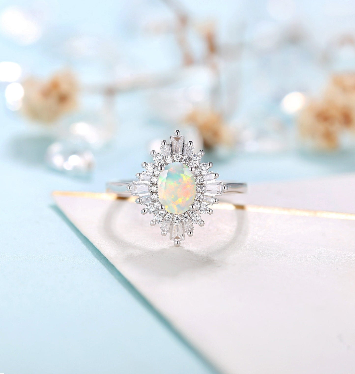 Faceted Oval cut Opal Engagement Ring White gold Women| Antique CZ/Diamond Bridal Baguette ring |Unique Promise Anniversary ring