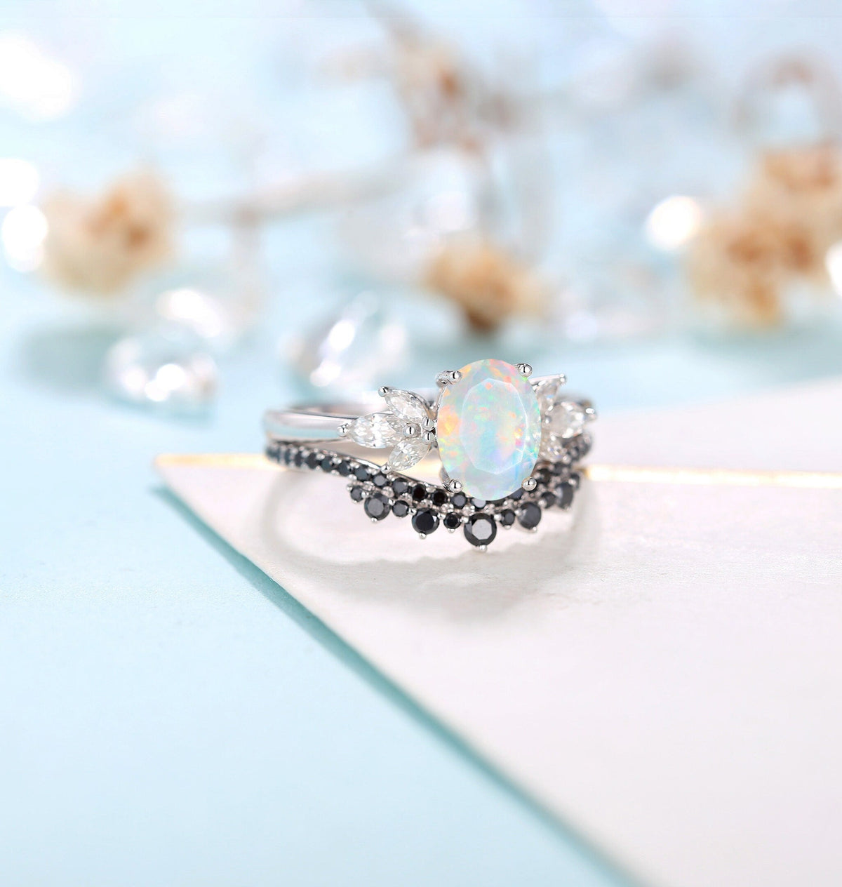 Faceted Opal Engagement Ring White Gold Women | Half Eternity Oval Bridal Set | Unique Black Diamond Wedding Set | Anniversary Gift for her