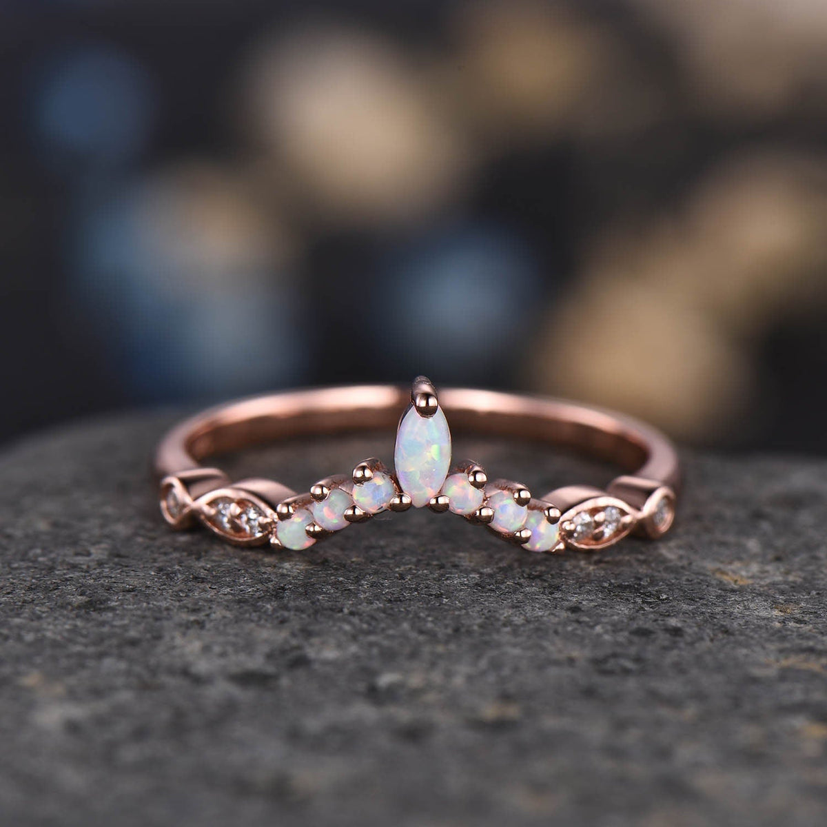 Curved Wedding Band Rose Gold Women Marquise Cut Diamond Opal Ring Unique Jewelry Stacking Matching Anniversary Gifts September Birthstone