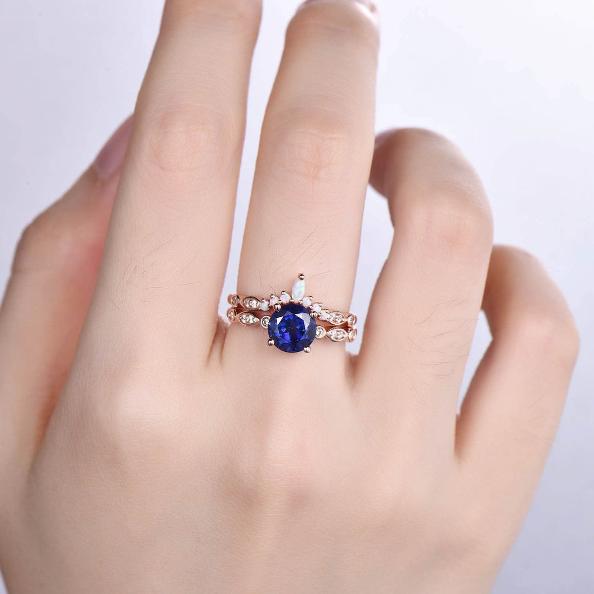Moss agate engagement ring set solitaire ring rose gold art deco ring stacking curved opal diamond matching band promise jewelry birth gift