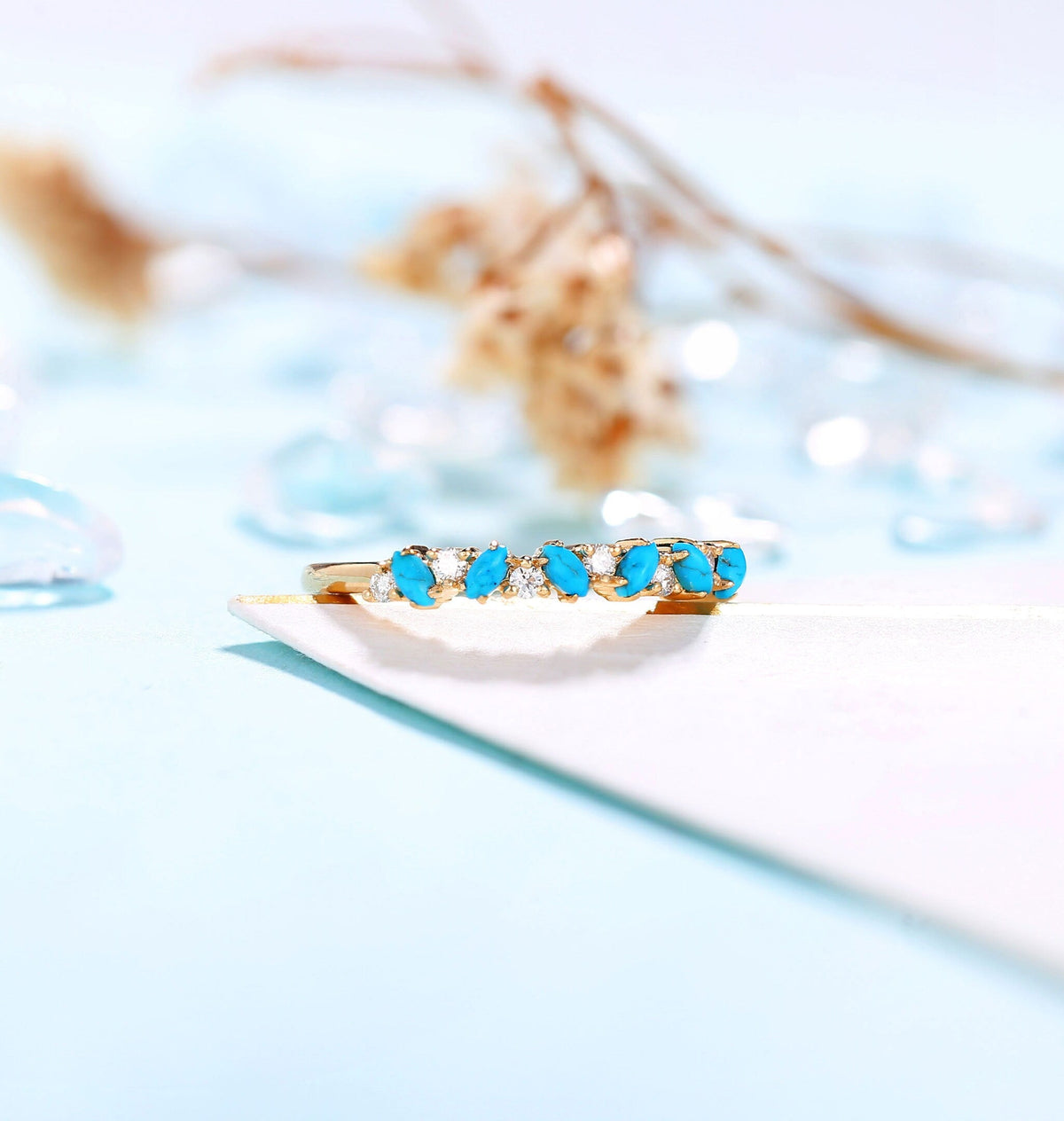 Antique Turquoise with Black Wedding Band Rose Gold Women |Vintage Leaf shape Moissanite Stacking Matching Jewelry| Anniversary Gift for her