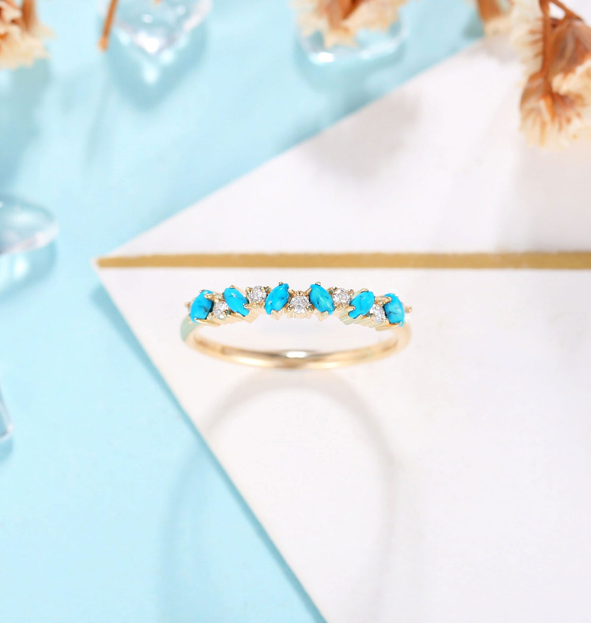 Antique Turquoise with Black Wedding Band Rose Gold Women |Vintage Leaf shape Moissanite Stacking Matching Jewelry| Anniversary Gift for her