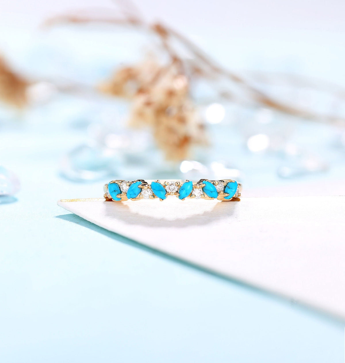 Antique Turquoise with Black Wedding Band Rose Gold Women |Vintage Leaf shape Moissanite Stacking Matching Jewelry| Anniversary Gift for her