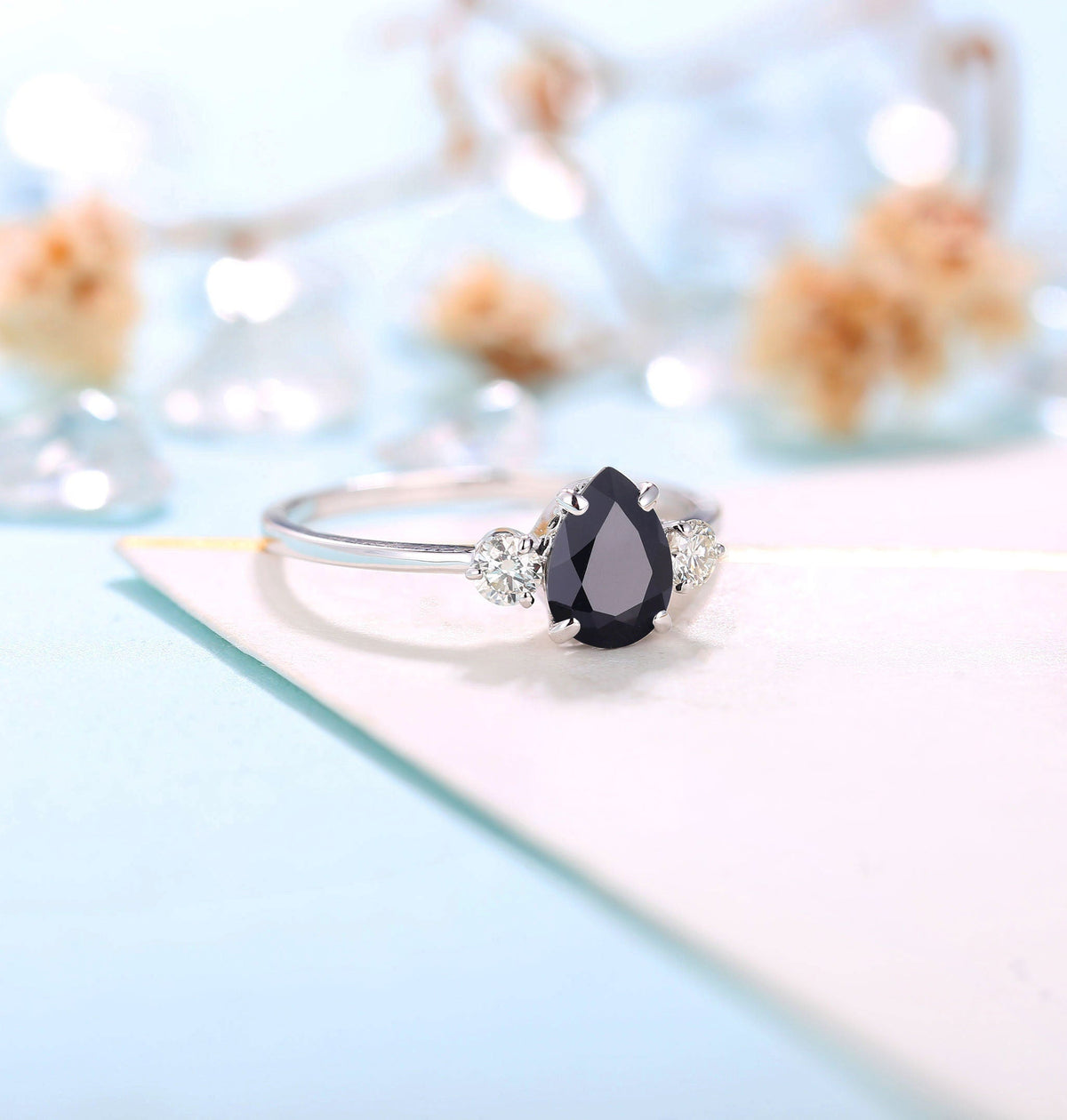 Black Onyx Engagement Ring pear shaped Women | Antique White gold Bridal Jewelry | Art deco Diamond Ring | Unique Anniversary Gift for Her