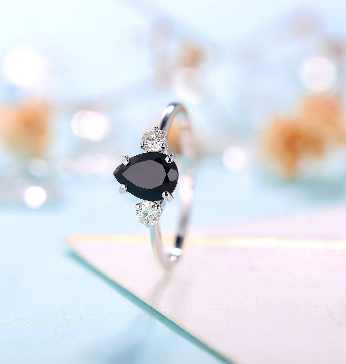 Black Onyx Engagement Ring pear shaped Women | Antique White gold Bridal Jewelry | Art deco Diamond Ring | Unique Anniversary Gift for Her