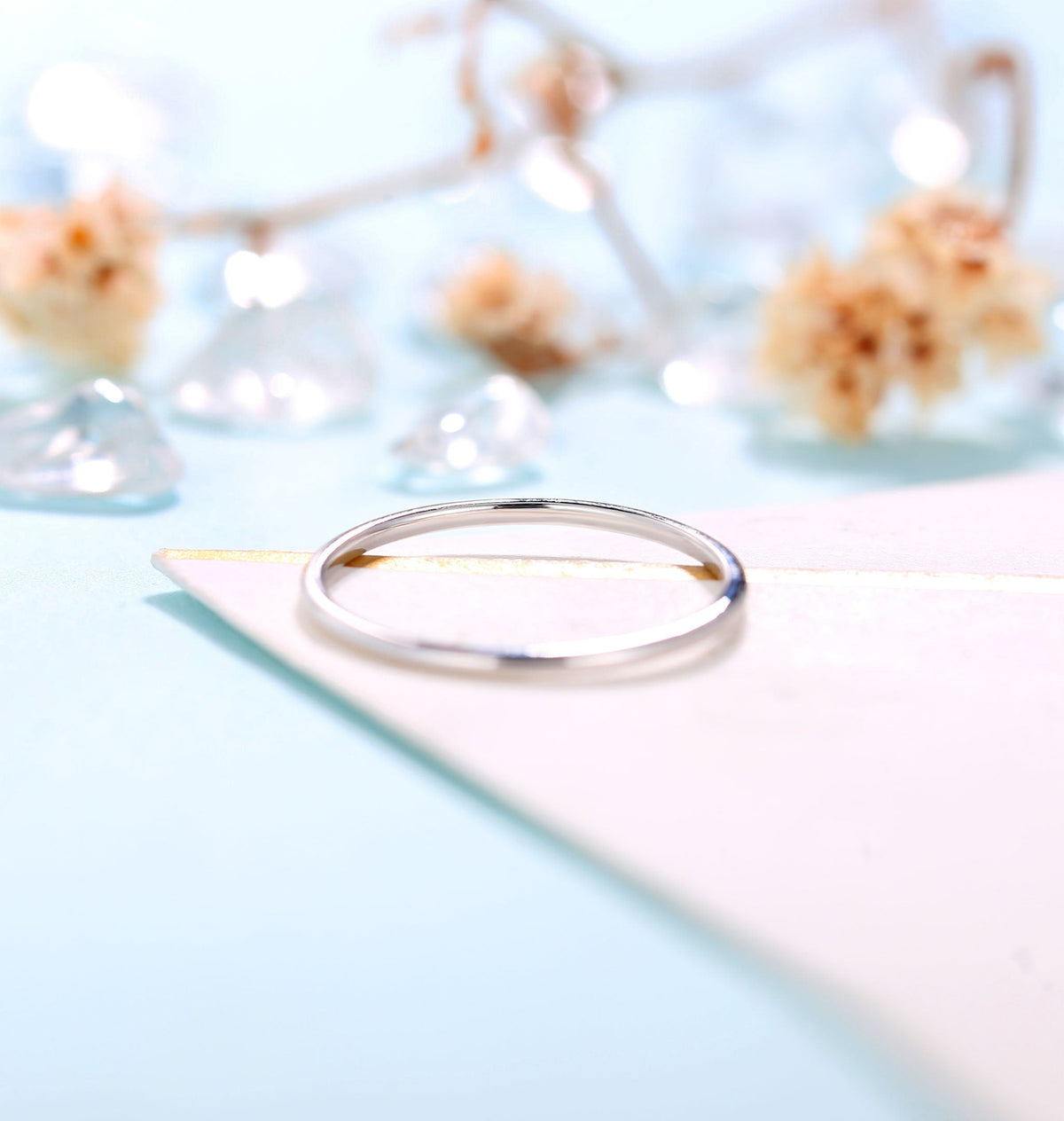 Dainty White gold wedding band women | Vintage stacking matching bridal ring | unique thin jewelry | promise ring anniversary gift for her