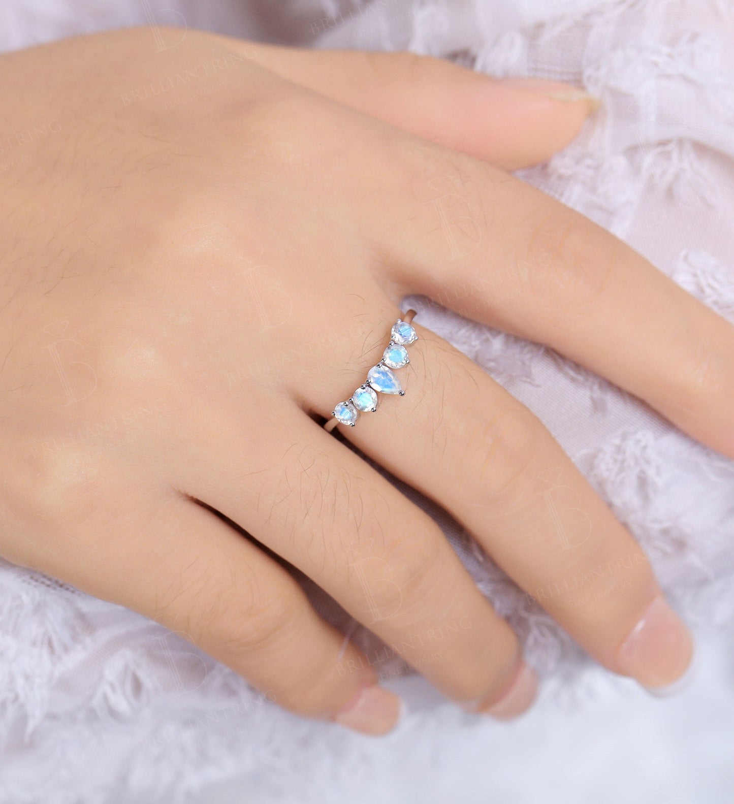 Moonstone Curved wedding band woman 14K white gold Solid Pear shaped Vintage Jewelry Antique Matching Promise Anniversary Gift for her