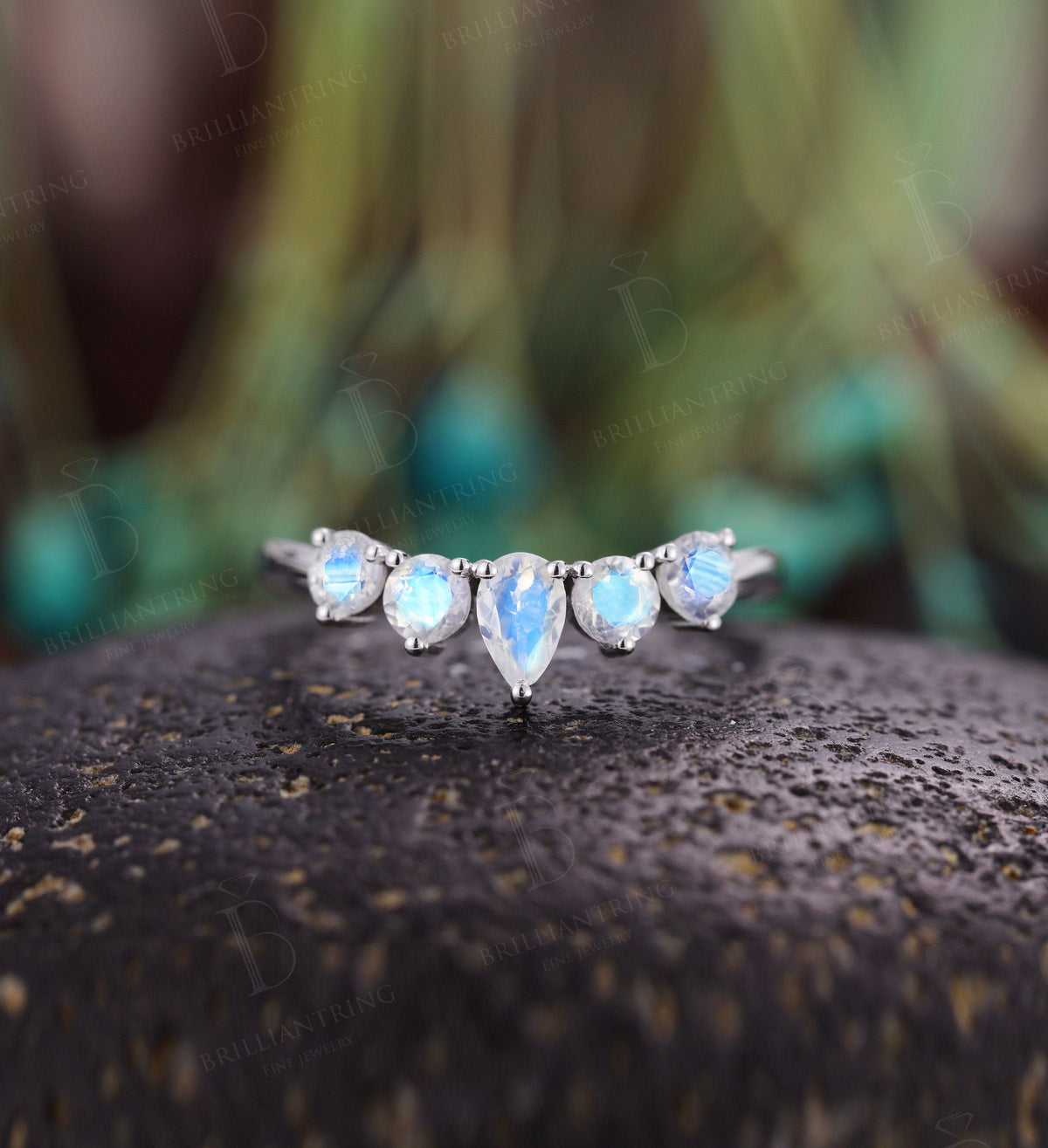 Moonstone Curved wedding band woman 14K white gold Solid Pear shaped Vintage Jewelry Antique Matching Promise Anniversary Gift for her