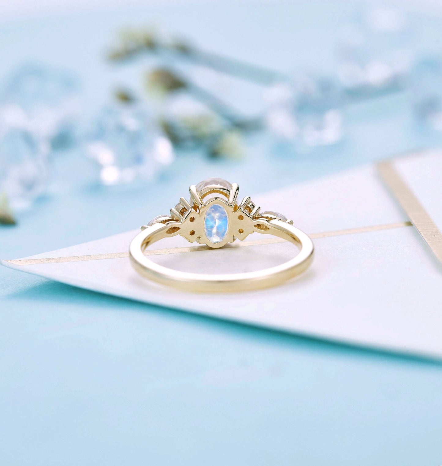 Faceted Oval cut moonstone Engagement Ring Yellow gold Women |Antique Moissanite Bridal Marquise Jewelry | Promise Anniversary Gifts for Her