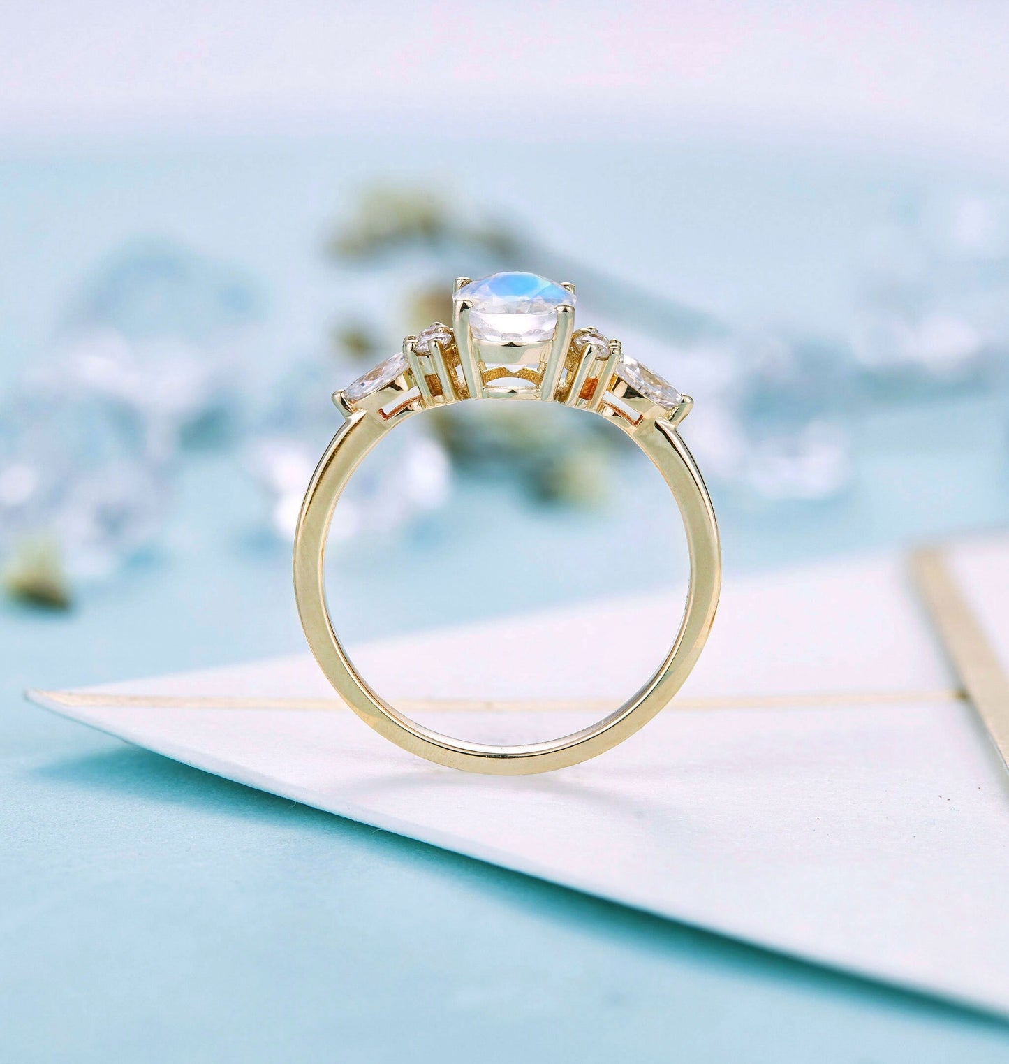 Faceted Oval cut moonstone Engagement Ring Yellow gold Women |Antique Moissanite Bridal Marquise Jewelry | Promise Anniversary Gifts for Her