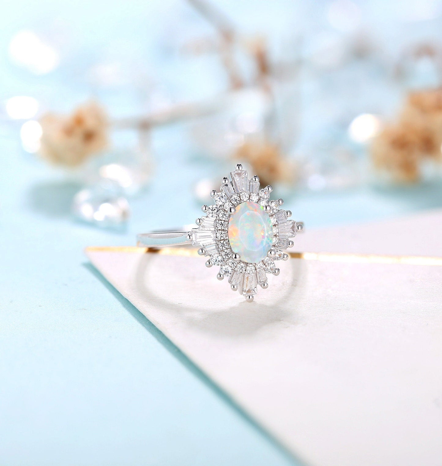 Faceted Oval cut Opal Engagement Ring White gold Women| Antique CZ/Diamond Bridal Baguette ring |Unique Promise Anniversary ring