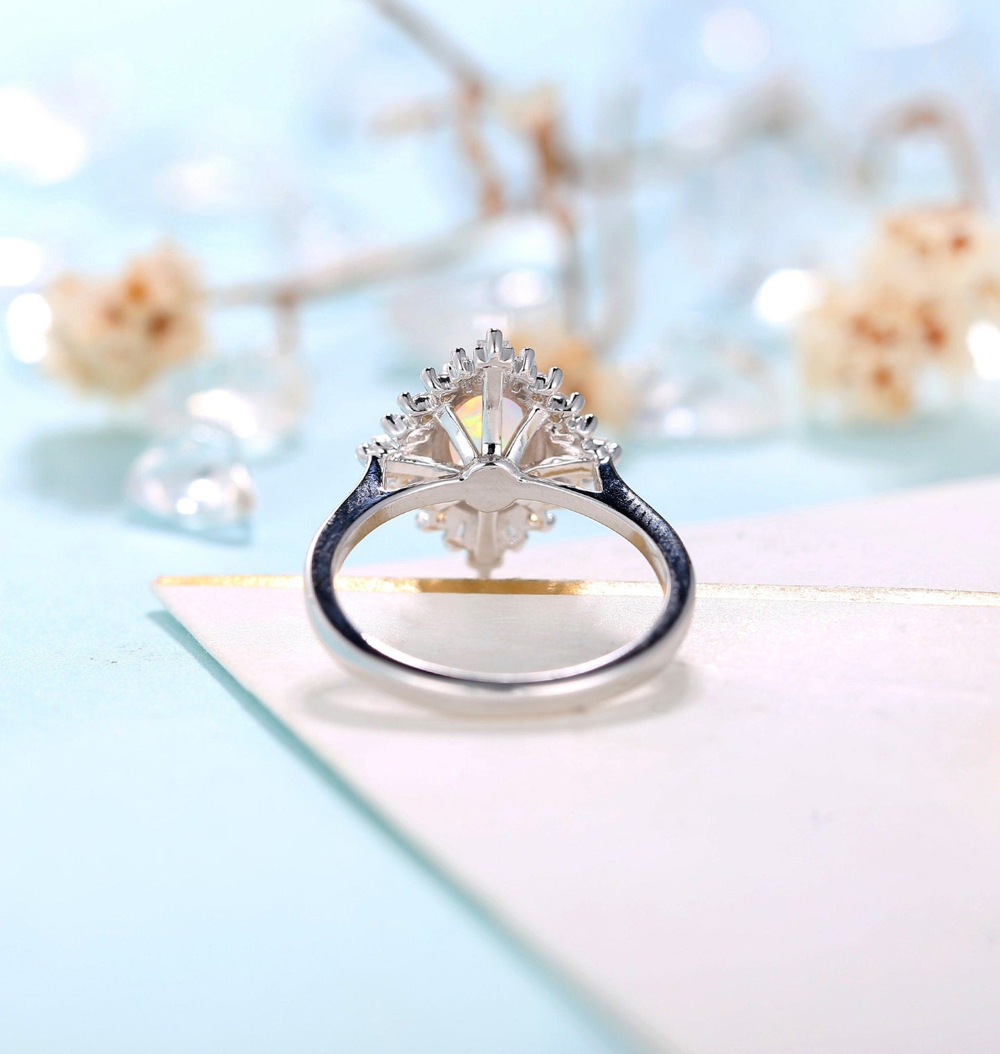 Faceted Oval cut Opal Engagement Ring White gold Women| Antique CZ/Diamond Bridal Baguette ring |Unique Promise Anniversary ring
