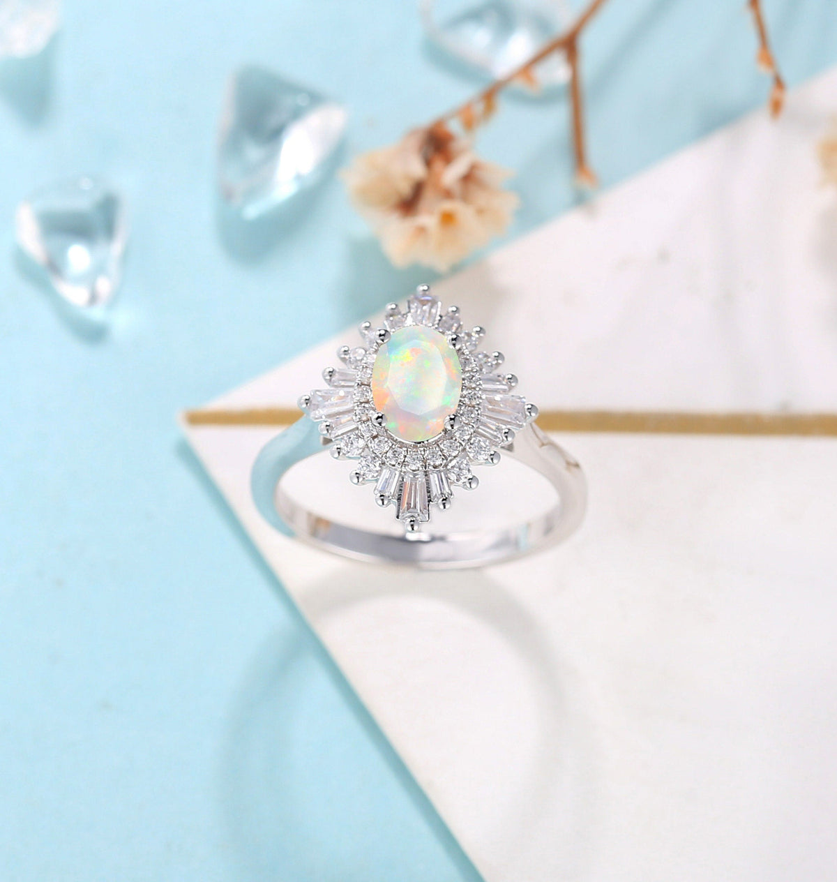 Faceted Oval cut Opal Engagement Ring White gold Women| Antique CZ/Diamond Bridal Baguette ring |Unique Promise Anniversary ring